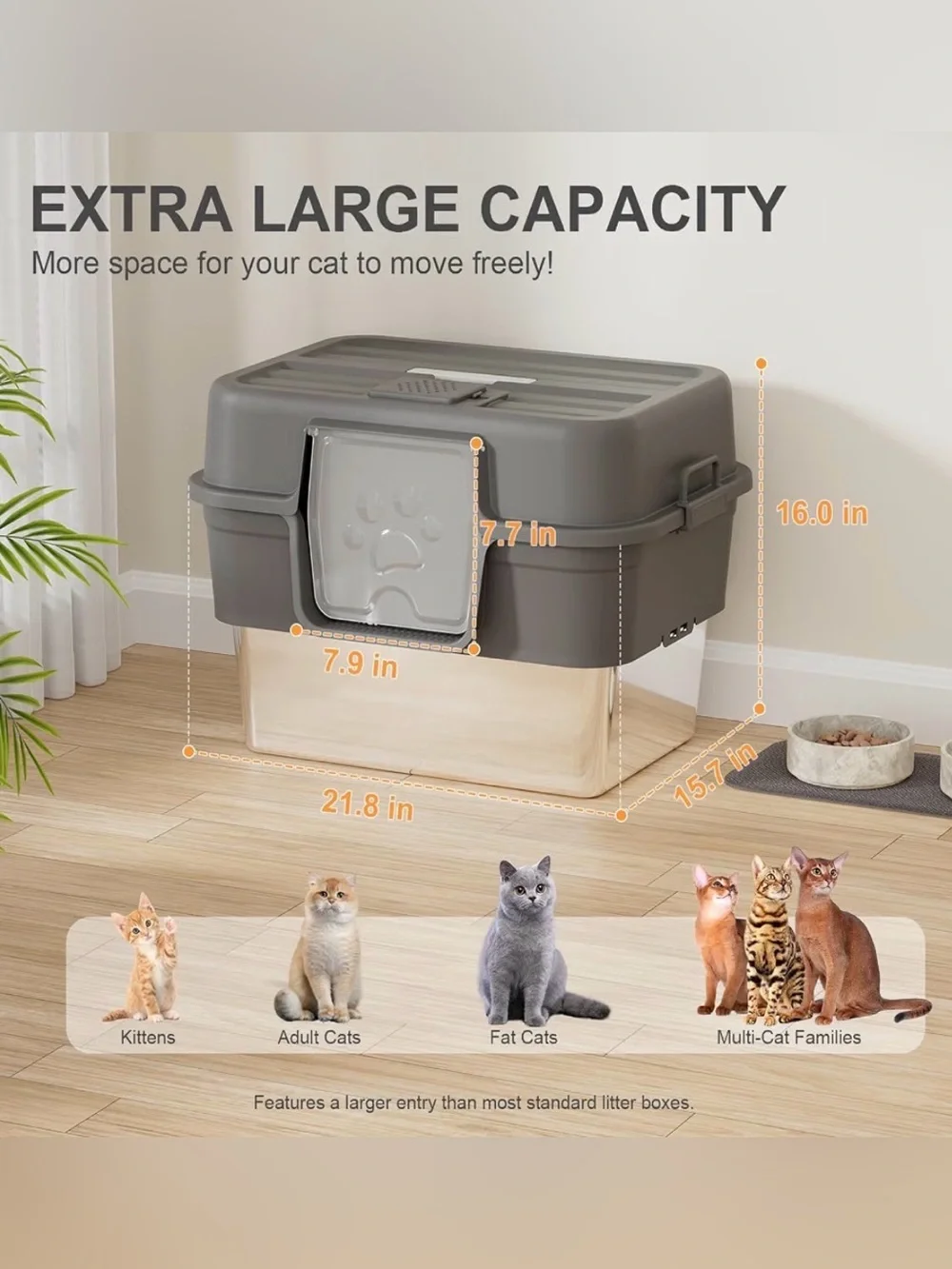 FZGhome | Stainless Steel XL Litter Box with Lid - Gray